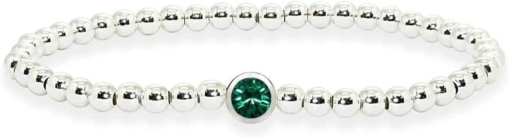 Sterling Silver Polished Beads & Crystal Stretch Stackable Bracelet for Women