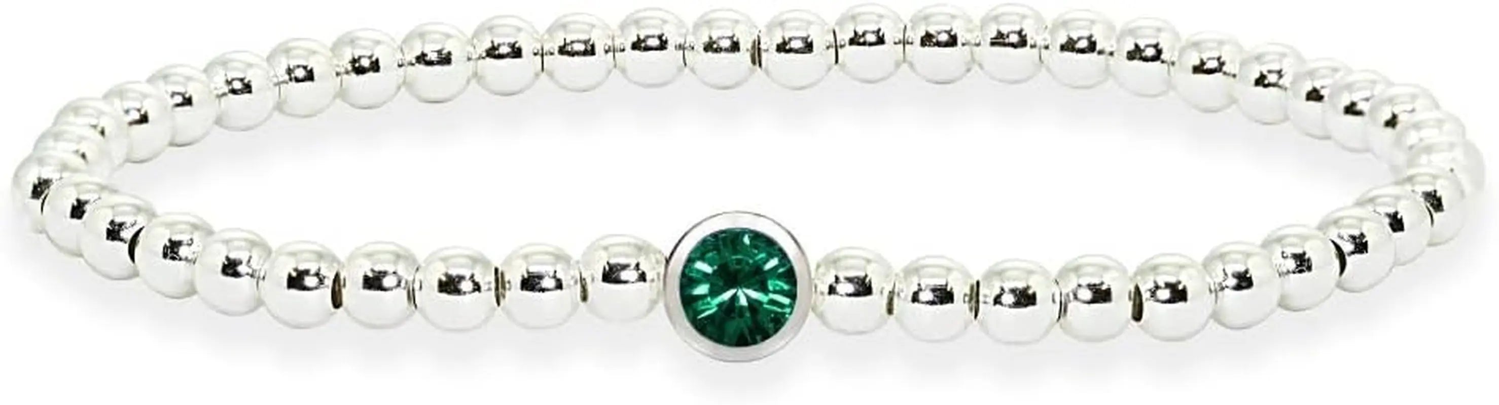 Sterling Silver Polished Beads & Crystal Stretch Stackable Bracelet for Women