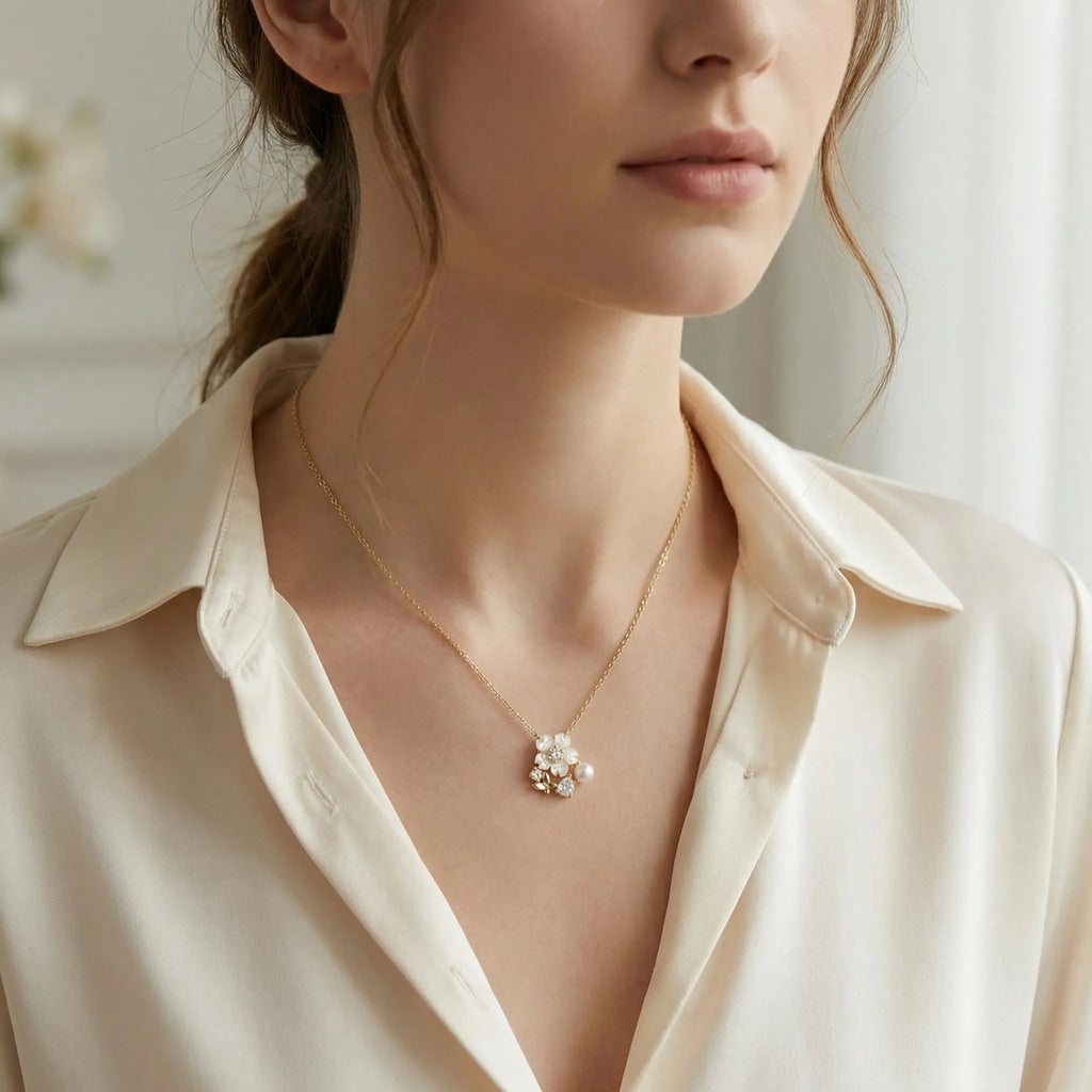925 Sterling Silver Elegant Mother of Pearl Flower Pendant Necklace with Pearl and Butterfly Charm NP Collection