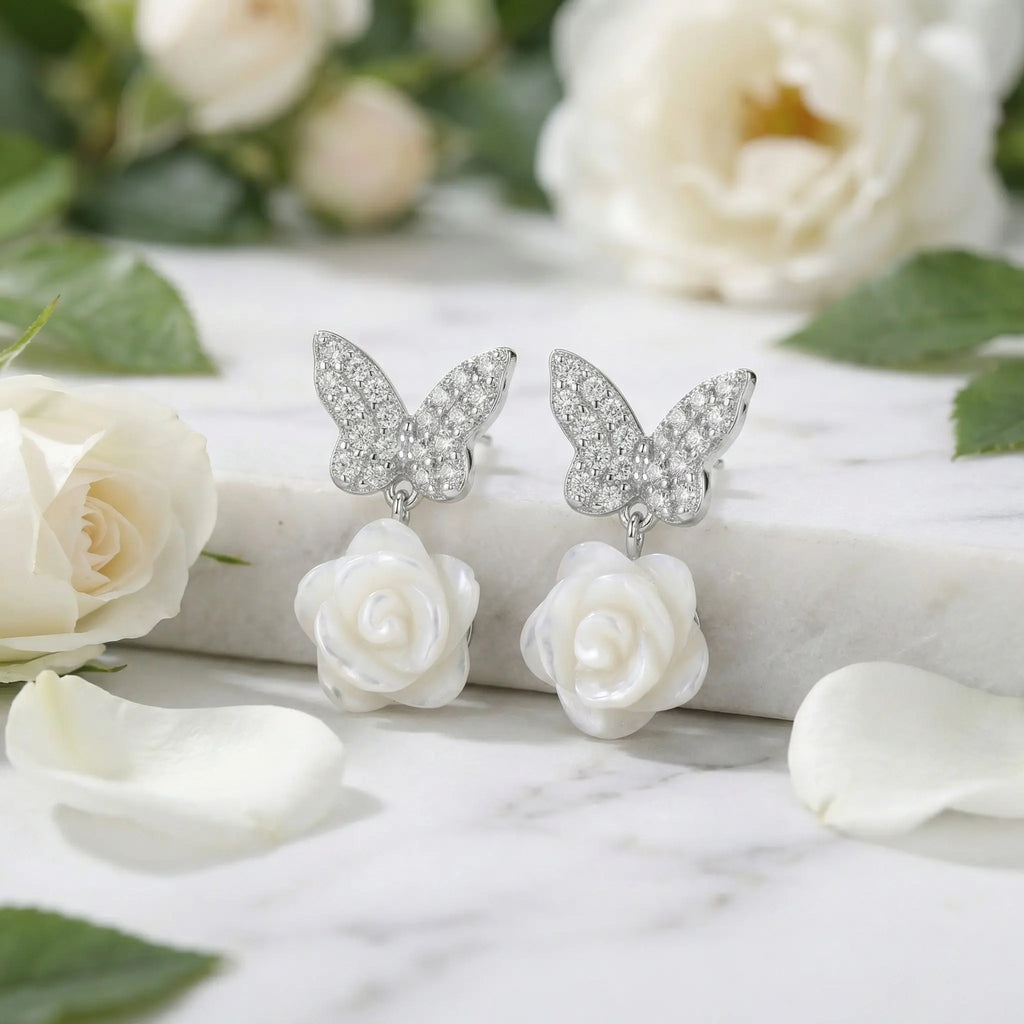 925 Sterling Silver Sparkling Butterfly and Elegant White Rose Mother-of-Pearl Drop Earrings