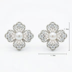 925 Sterling Silver Elegant Floral Pearl and Sparkling Accent Stud Earrings in White Metal