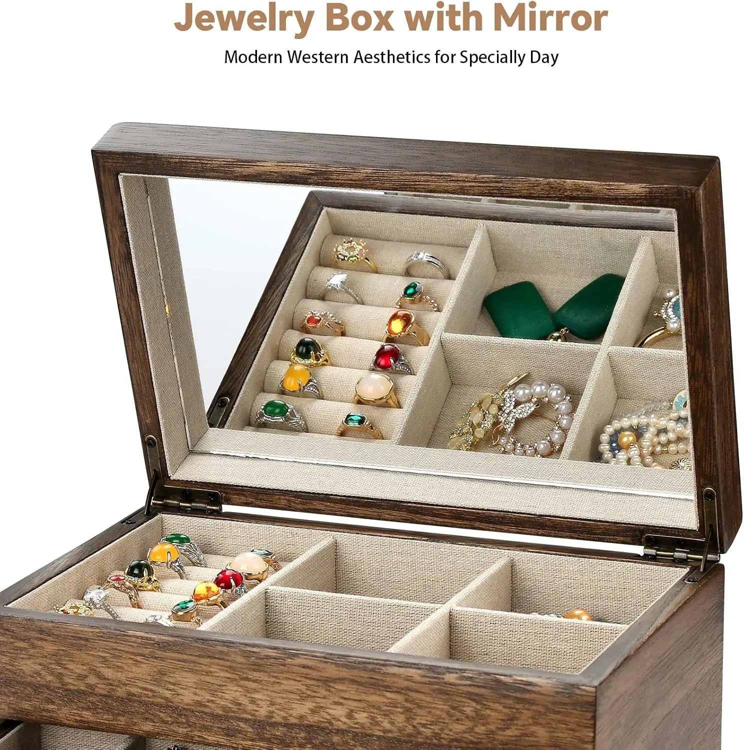3 Layer Large Jewelry Storage Case, Rustic Wooden 