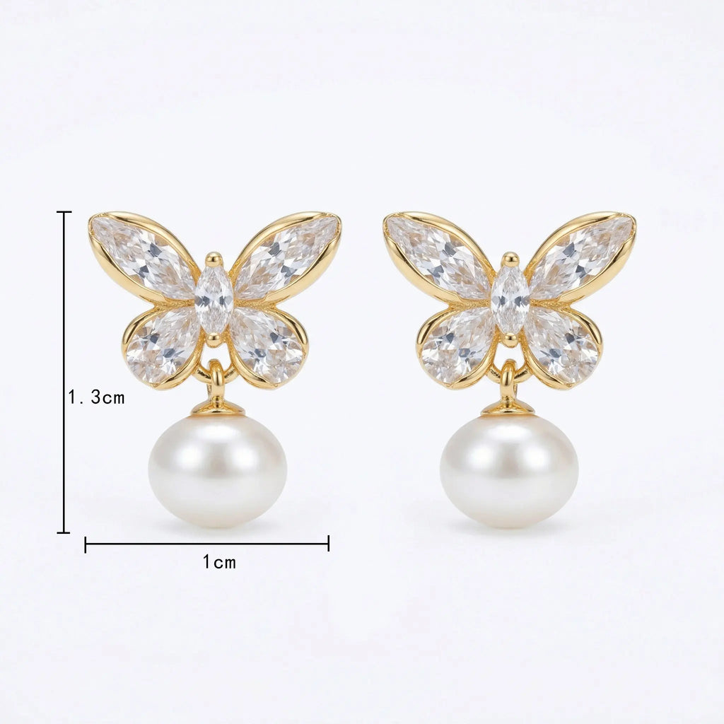 925 Sterling Silver Elegant Crystal Butterfly and Lustrous Pearl Drop Earrings