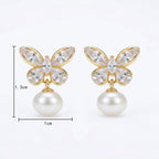 925 Sterling Silver Elegant Crystal Butterfly and Lustrous Pearl Drop Earrings