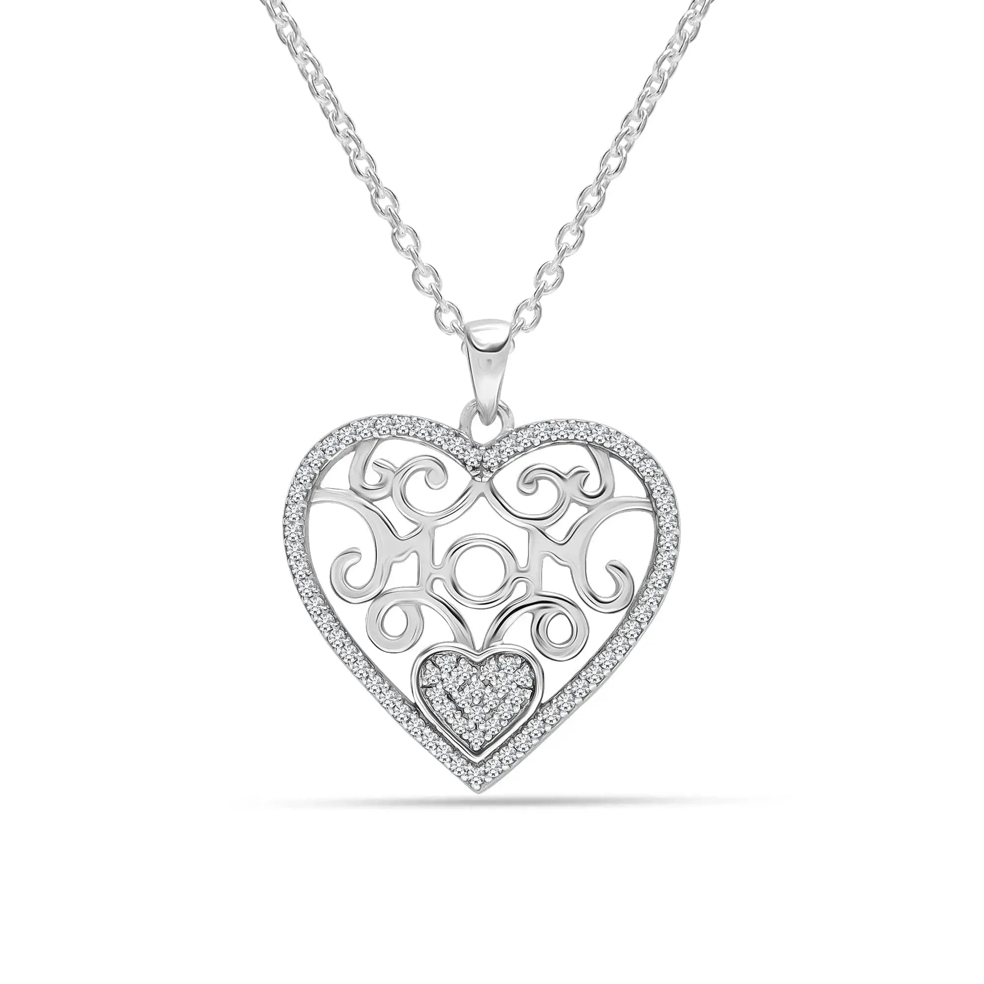 925 Sterling Silver Light-Weight CZ Filigree Heart Pendant Necklace 