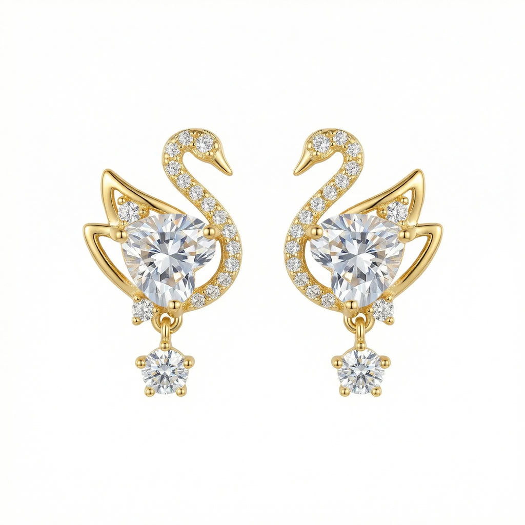 925 Sterling Silver Elegant Sparkling Heart-Shaped Crystal Swan Drop Earrings with Radiant Accents