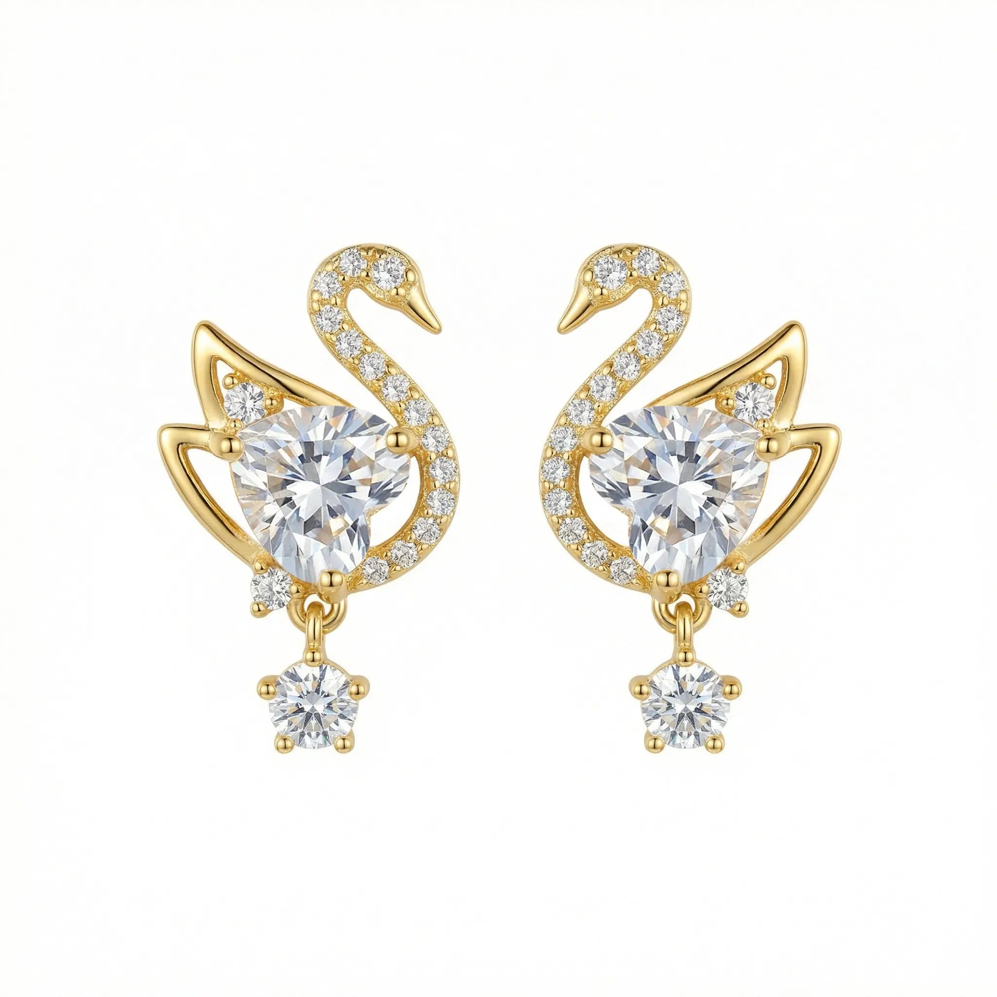 925 Sterling Silver Elegant Sparkling Heart-Shaped Crystal Swan Drop Earrings with Radiant Accents