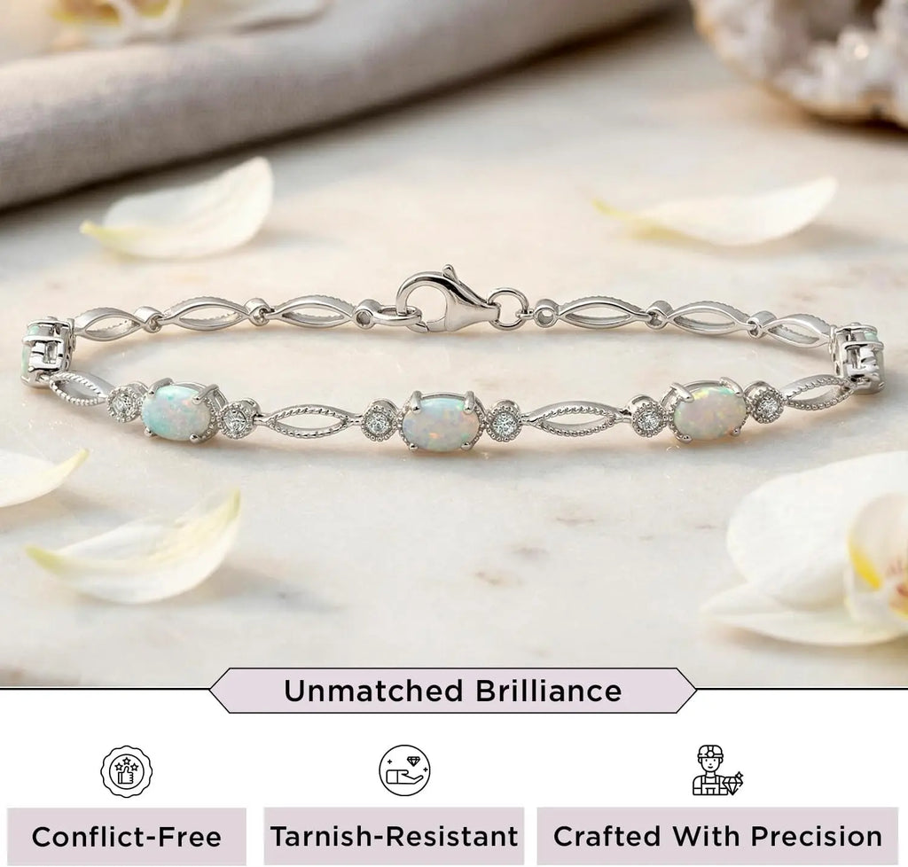 Sterling Silver Tennis Bracelet | Oval Created Opal | 7.50" | Milgrain Setting, Timeless Fashion Jewelry with Gift Box, Lobster Claw Clasp