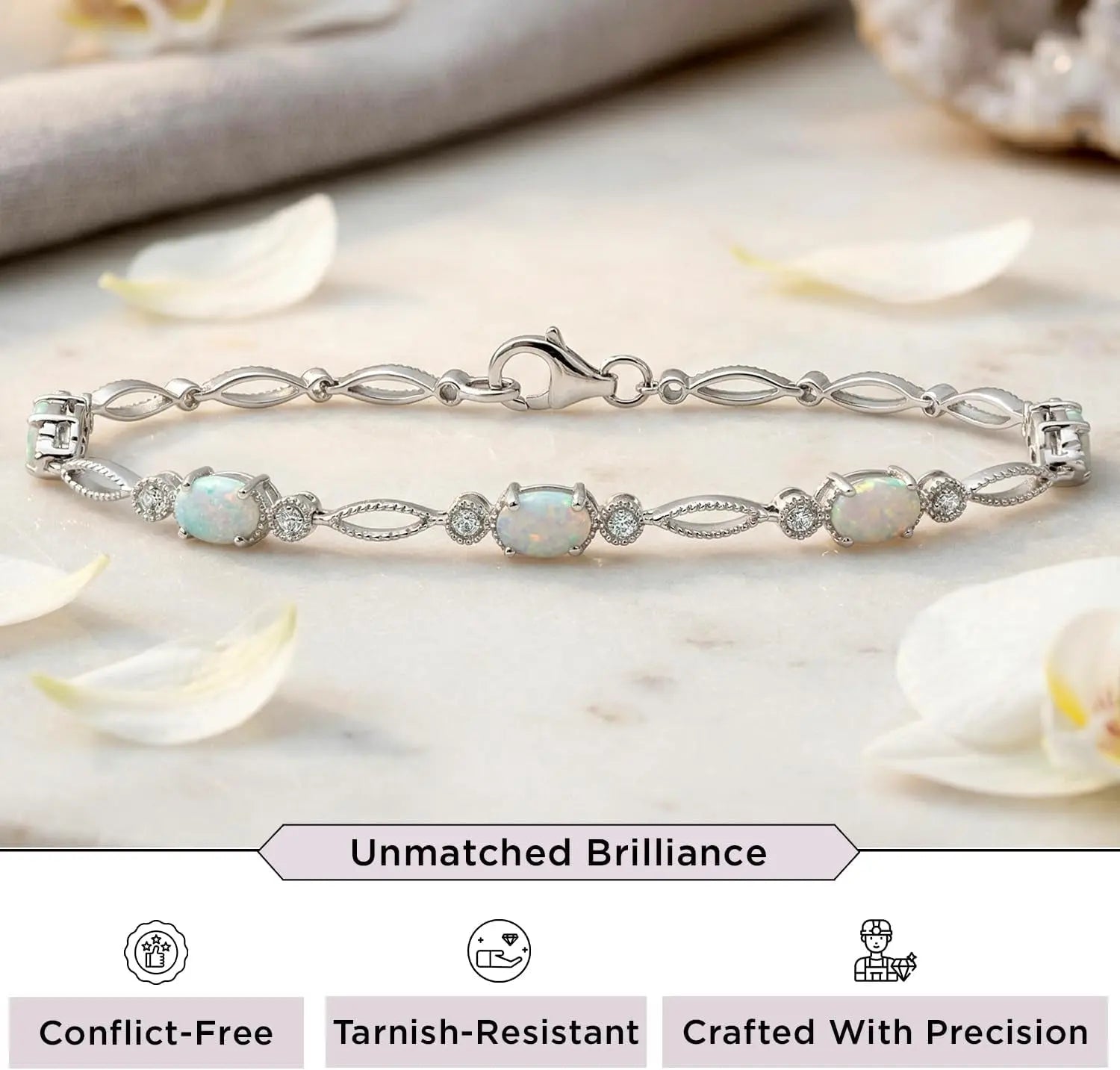 Sterling Silver Tennis Bracelet | Oval Created Opal | 7.50" | Milgrain Setting, Timeless Fashion Jewelry with Gift Box, Lobster Claw Clasp