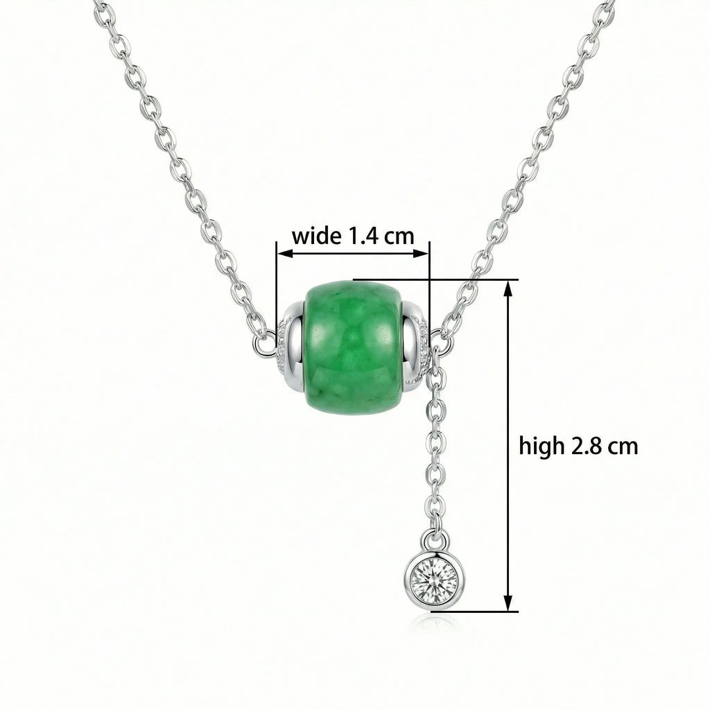 925 Sterling Silver Elegant Green Jadeite Barrel Necklace with Sparkling Crystal Drop Accent NP Collection