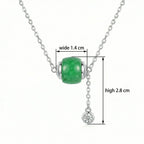 925 Sterling Silver Elegant Green Jadeite Barrel Necklace with Sparkling Crystal Drop Accent NP Collection