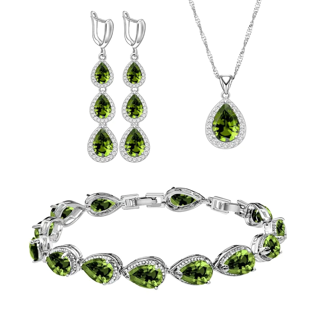 Earrings Necklace Tennis Bracelet Set - Teardrop Olive Green Cubic Zirconia Jewelry Set