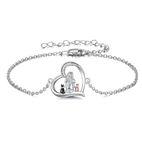 YFN Cat Bracelets Sterling Silver Adjustable Animal Bracelet Jewelry Gifts for Women 7"+2".