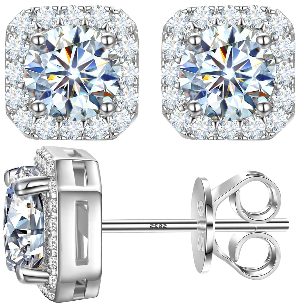 Moissanite Earrings For Women 0.38-2.0CT 18k Gold Plated Moissanite Stud Earrings Square Halo Moissanite Earrings 925 Sterling Silver Hypoallergenic Earrings for Women Men D Color VVS1 Clarity