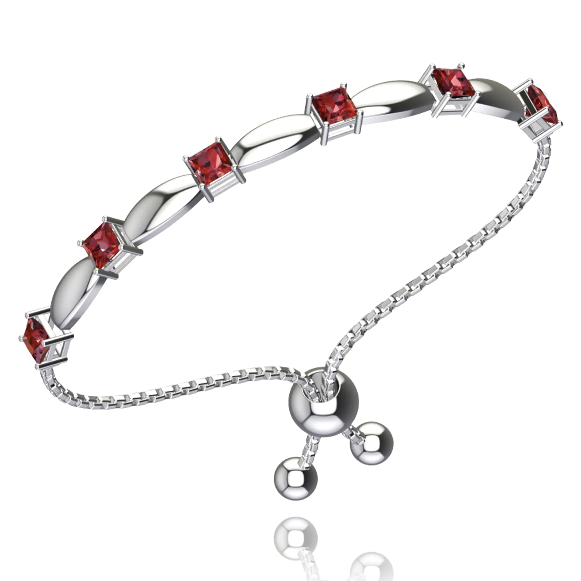 Bolo Bracelet with 6 Square-Cut Stones 925 Sterling Silver Garnet Jewelry