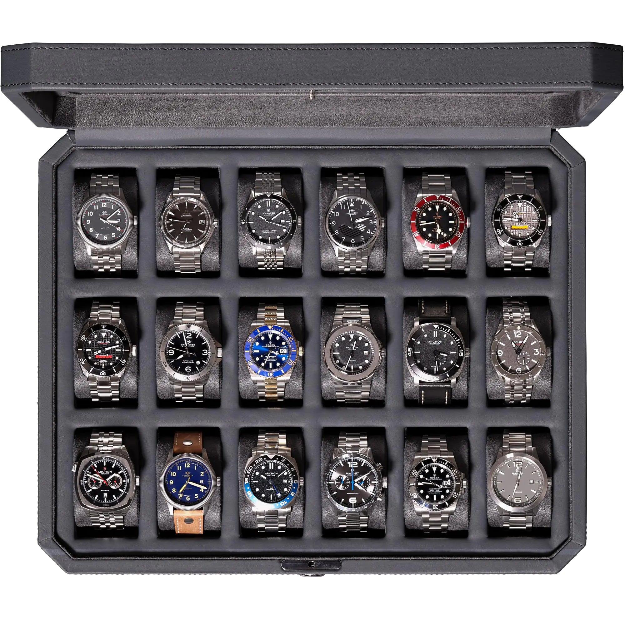 18-Slot Watch Case – Luxury Watch Box for Men Real Glass Top Lockable Elegant Watch Display for Collections (Carbon)