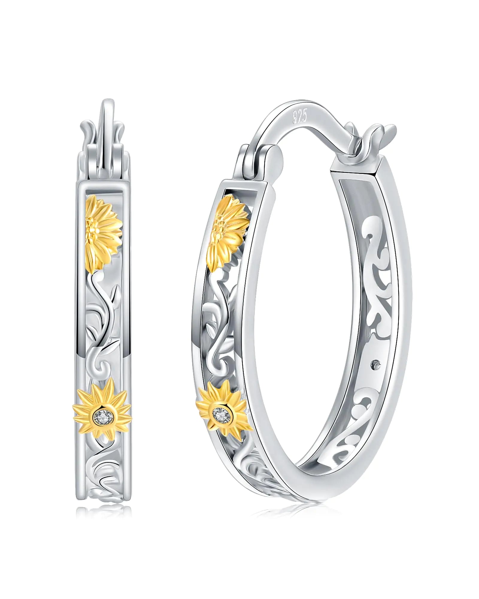 Silver Sunflower Heart Earrings for Women - 925 Sterling Silver Opal Sunflower / Daisy Heart Dangle Hoop Earrings Valentines Mothers Day Christmas Gifts Sunflowers Daisy Heart Drop Earrings Jewelry for Her (Yellow Sunflower Hoop Earrings)