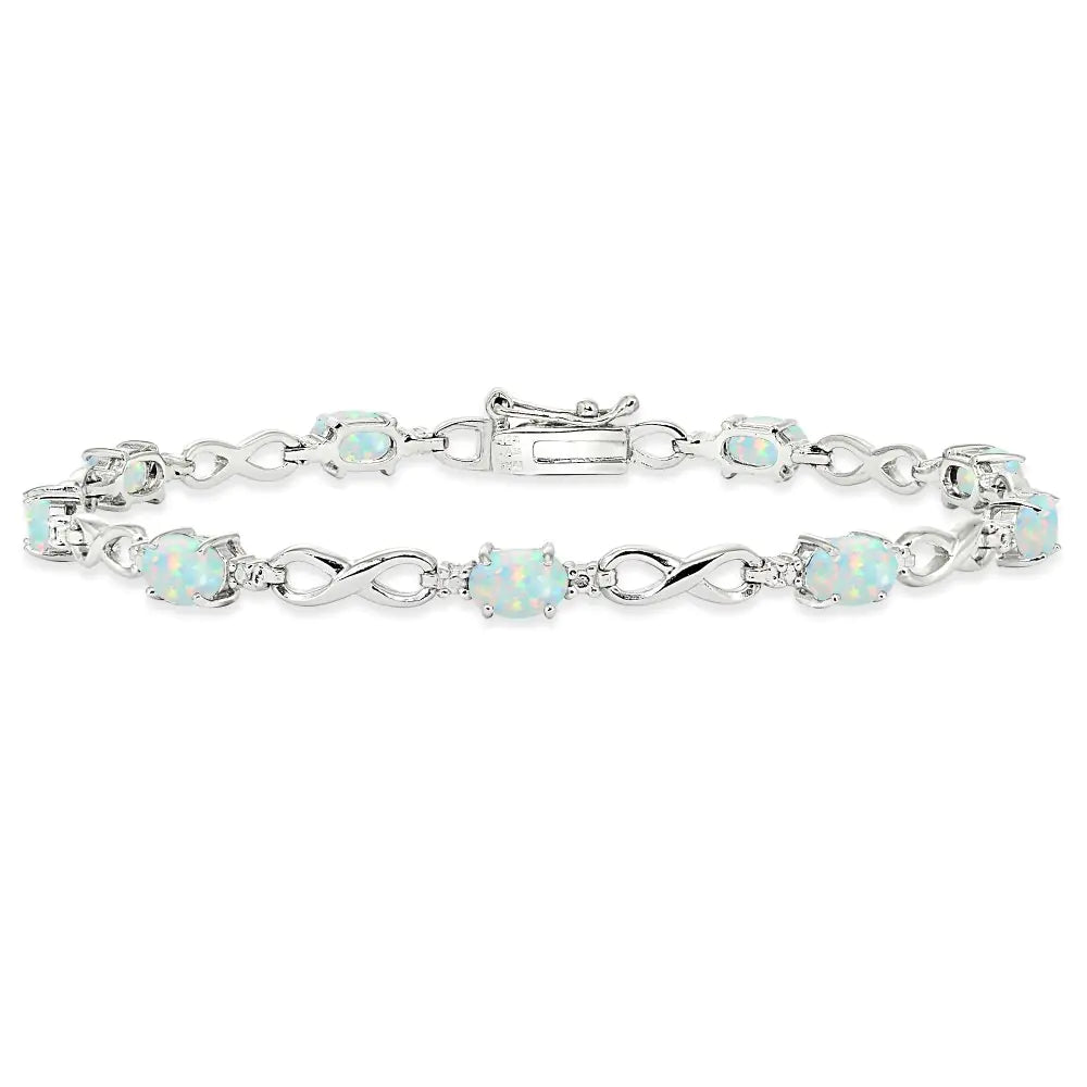 Sterling Silver Oval Polished Infinity Dainty Synthetic White Opal Tennis Bracelet