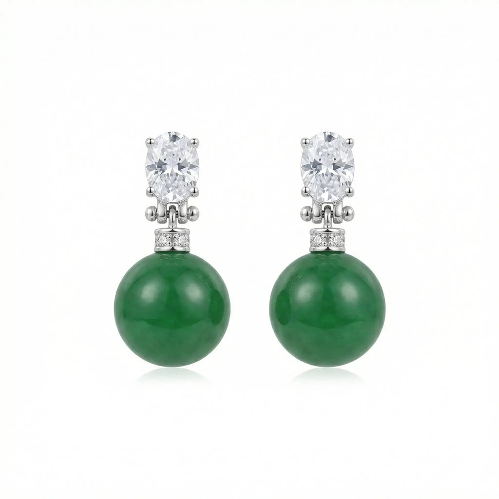 925 Sterling Silver Elegant Green Jade Drop Earrings with Sparkling Oval Gemstone Accents NP Collection