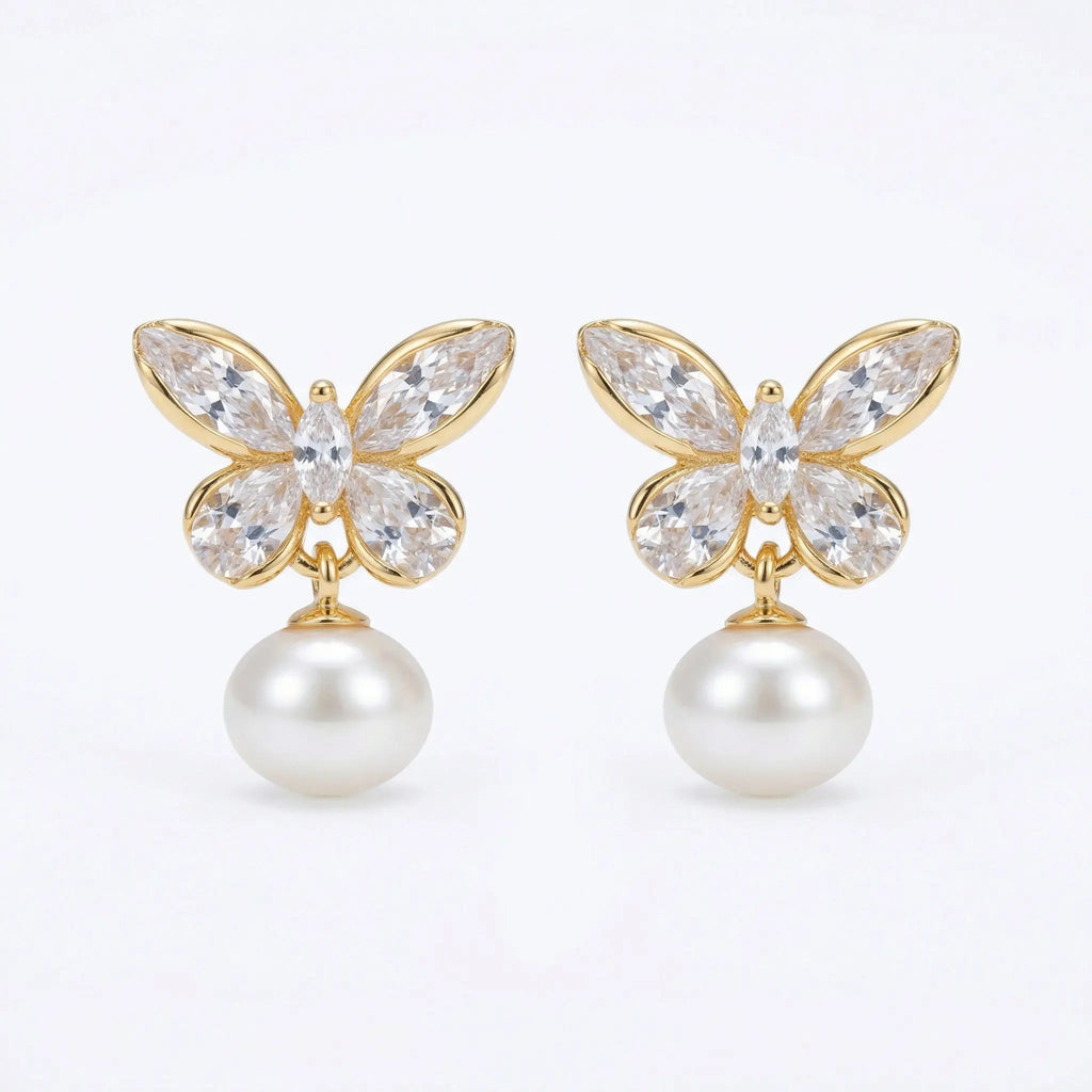 925 Sterling Silver Elegant Crystal Butterfly and Lustrous Pearl Drop Earrings