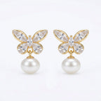925 Sterling Silver Elegant Crystal Butterfly and Lustrous Pearl Drop Earrings