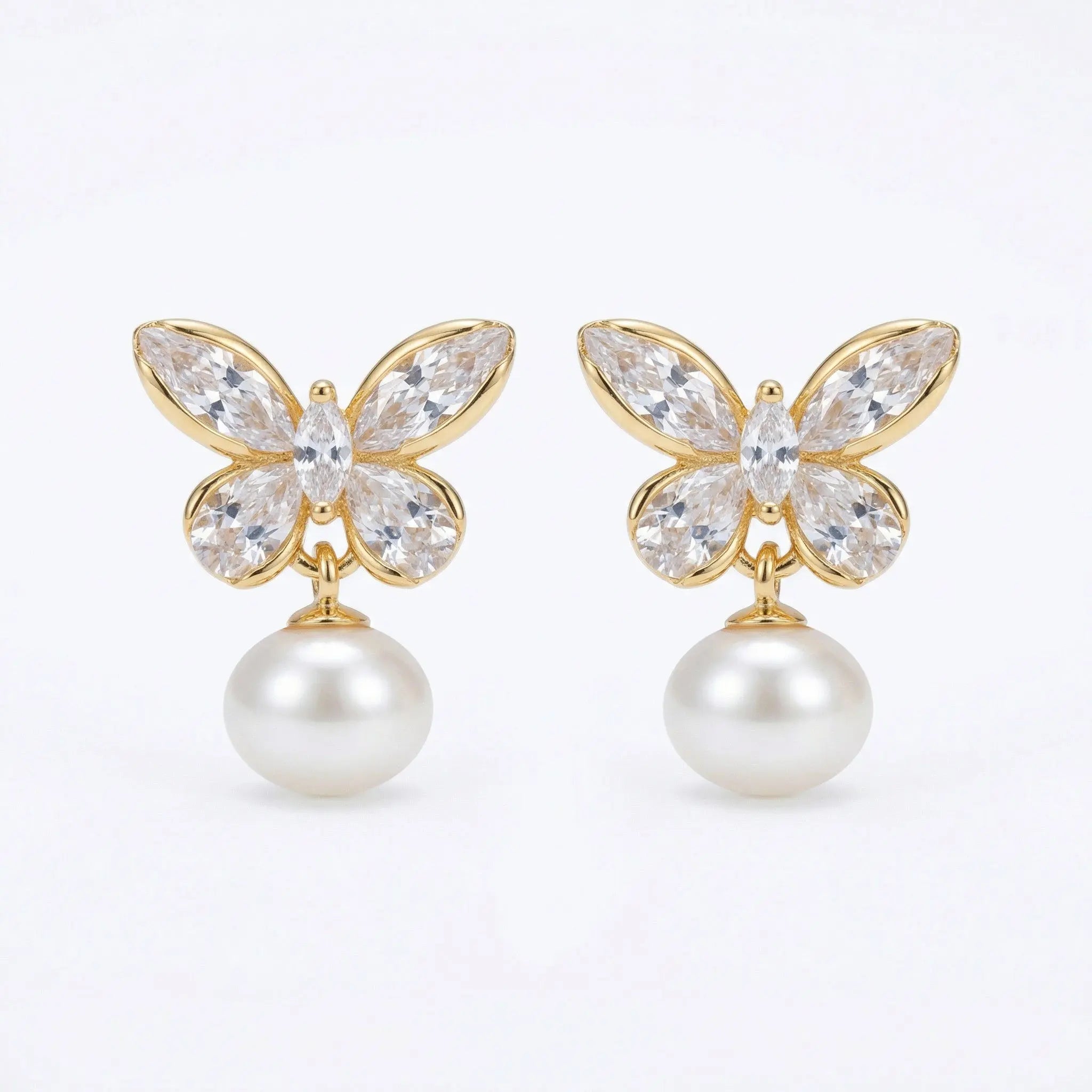 925 Sterling Silver Elegant Crystal Butterfly and Lustrous Pearl Drop Earrings