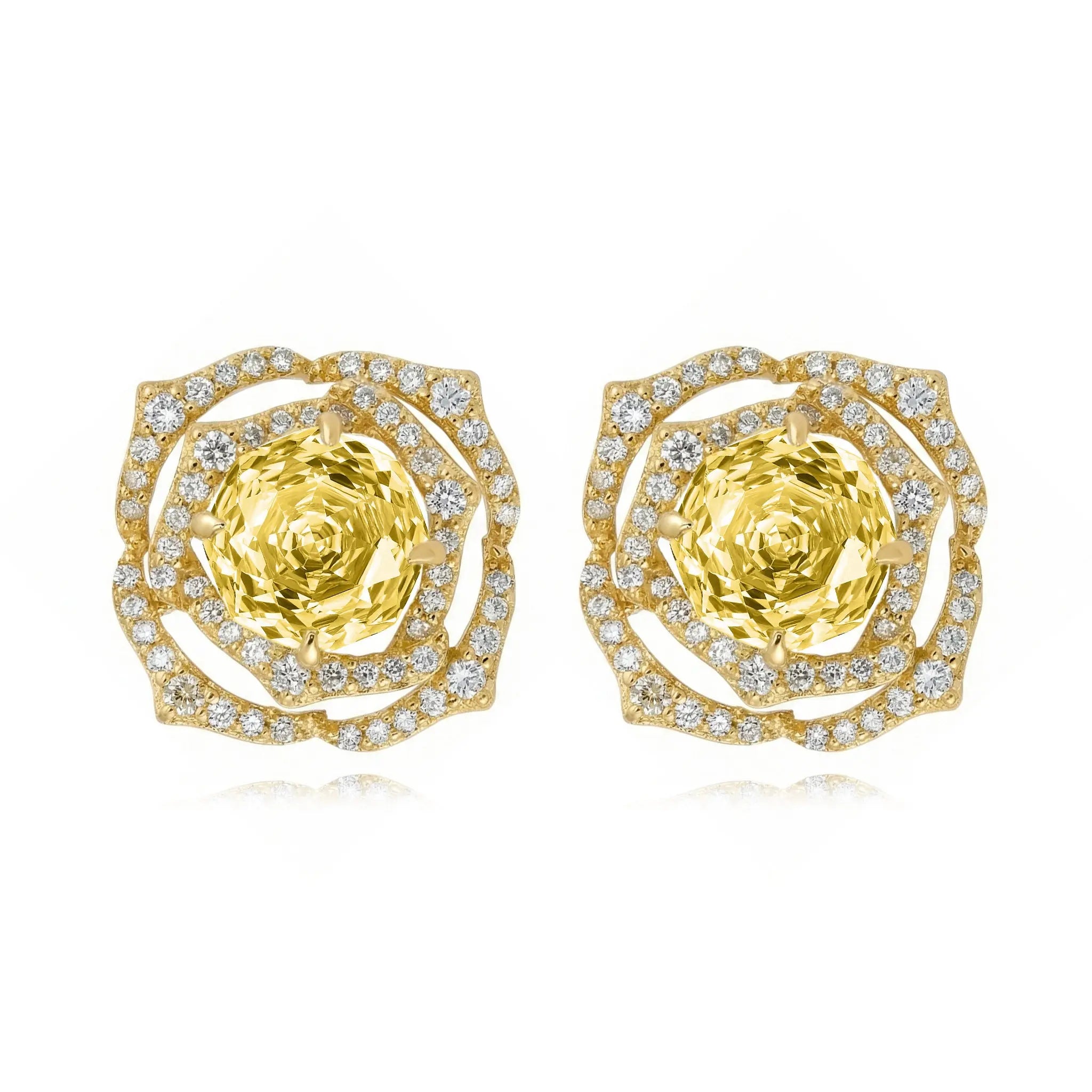 925 Sterling Silver Radiant Citrine Rose Stud Earrings with Brilliant CZ Halos
