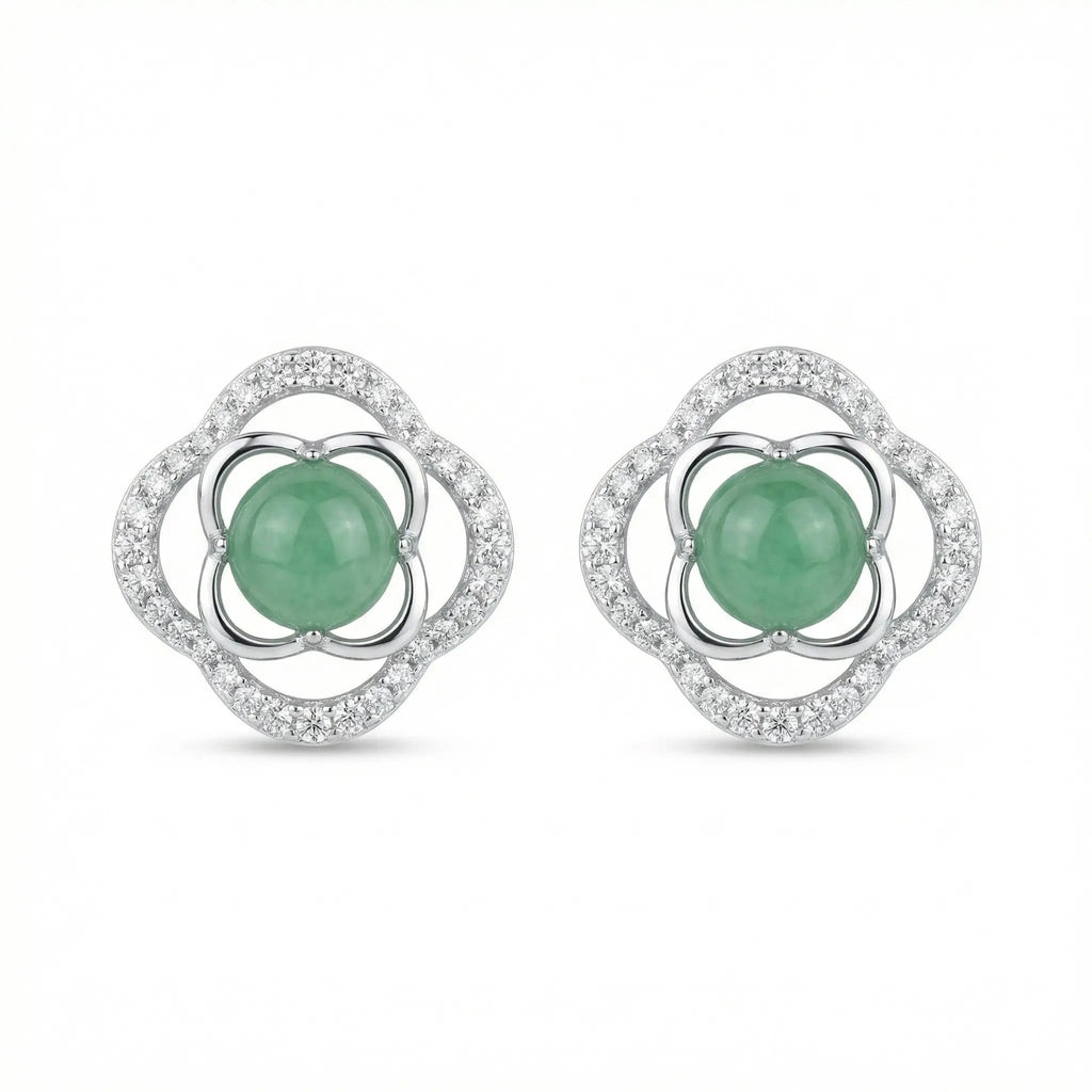925 Sterling Silver Elegant Green Jadeite Clover Stud Earrings with Sparkling White Accents in Polished White Metal NP Collection