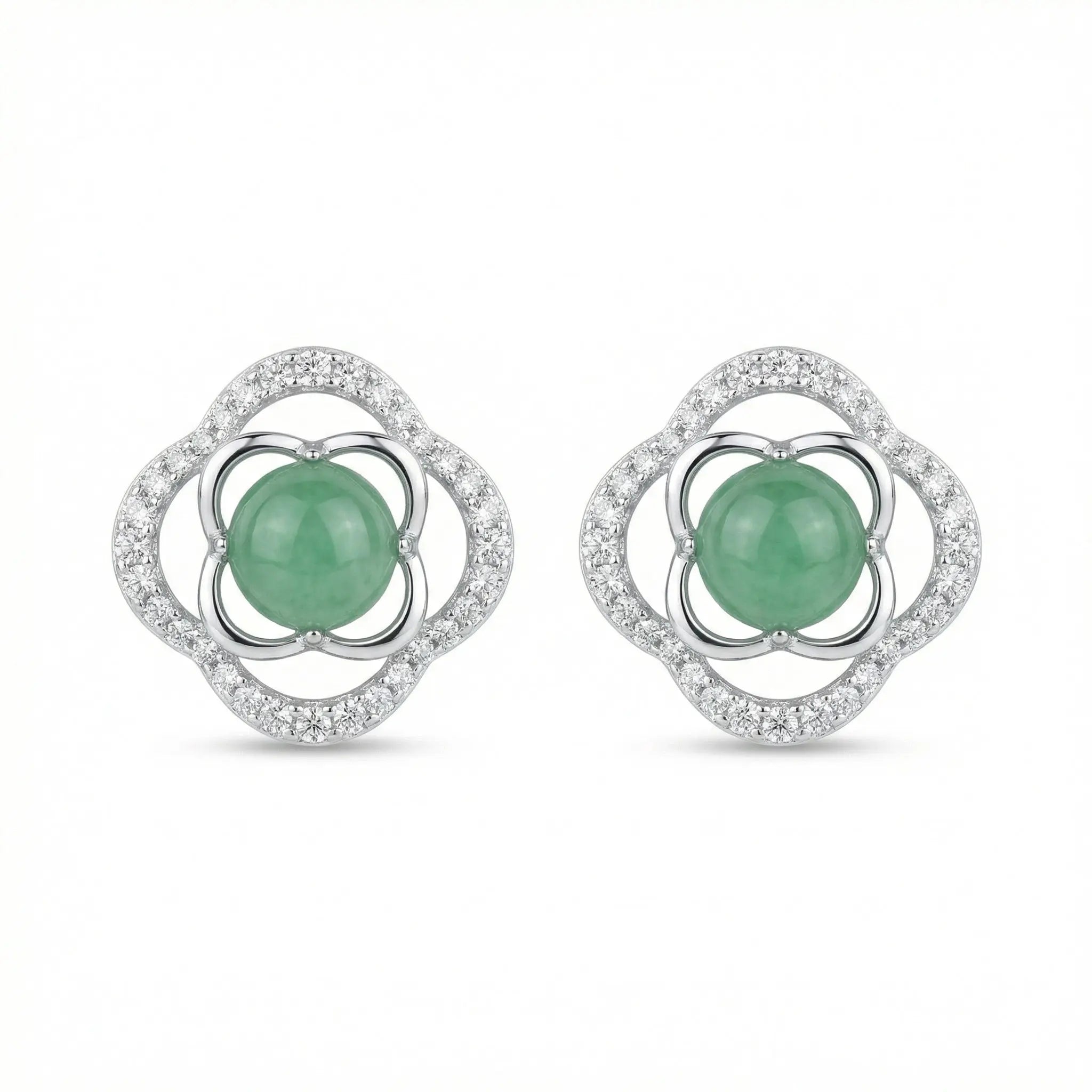 925 Sterling Silver Elegant Green Jadeite Clover Stud Earrings with Sparkling White Accents in Polished White Metal NP Collection