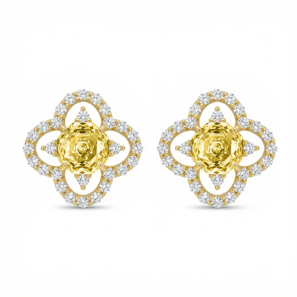 925 Sterling Silver Elegant Quatrefoil Halo Studs Featuring Radiant Cushion-Cut Sunshine Gemstones and Sparkling CZ Accents