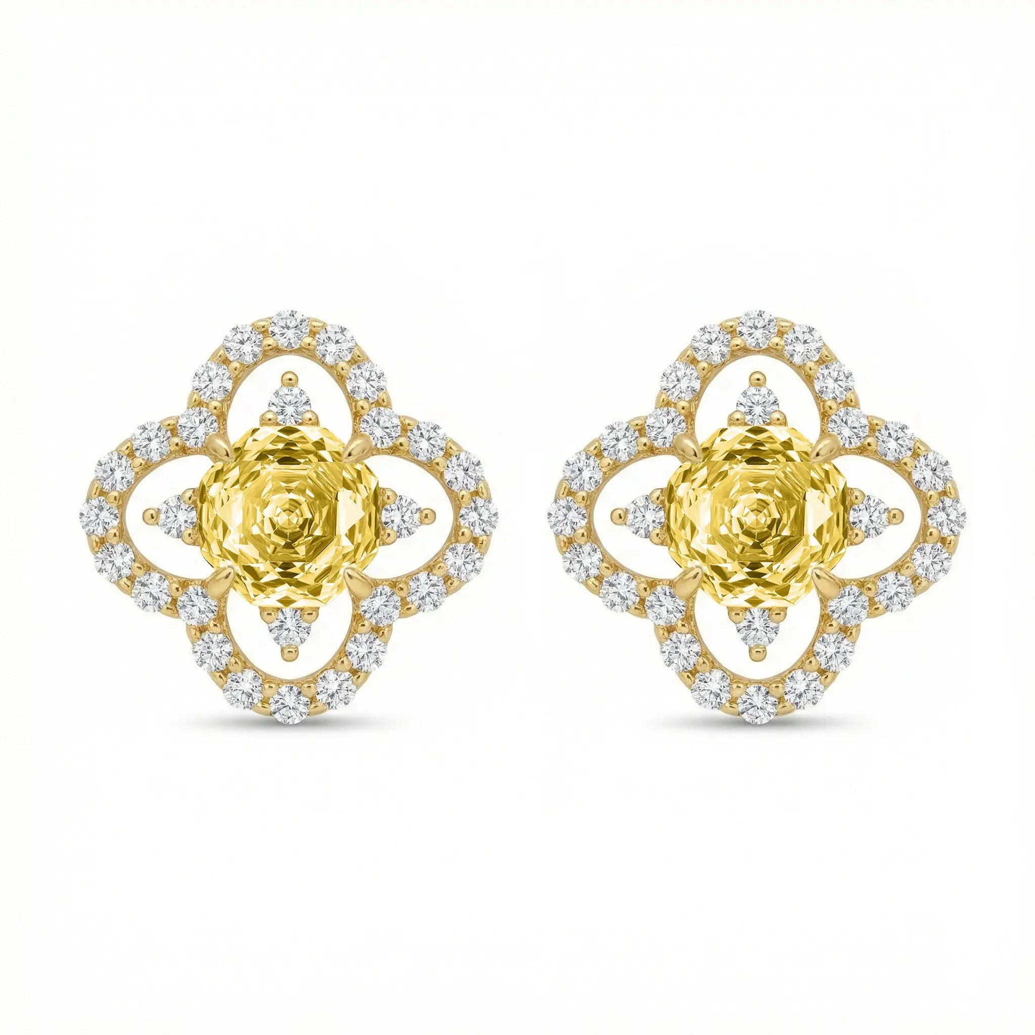 925 Sterling Silver Elegant Quatrefoil Halo Studs Featuring Radiant Cushion-Cut Sunshine Gemstones and Sparkling CZ Accents