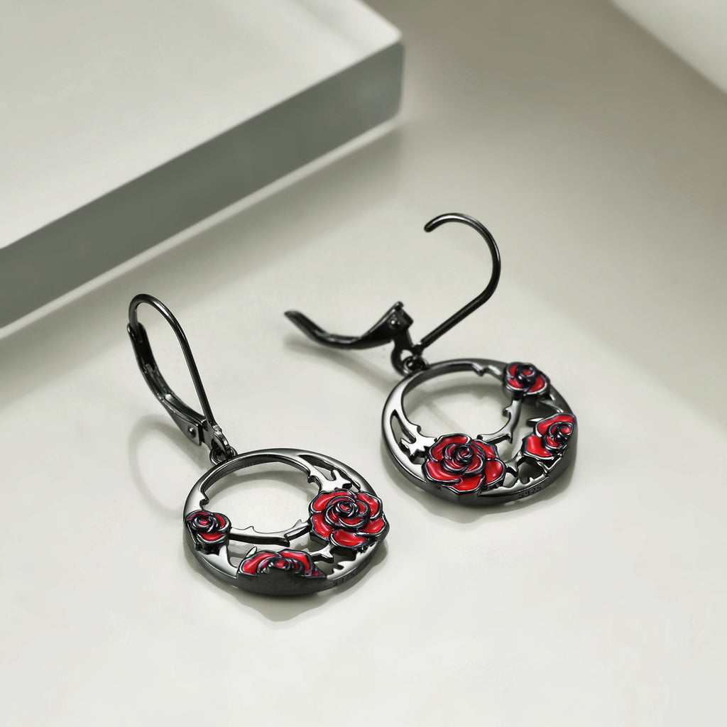 Sterling Silver Red Rose Flower Leverback Earrings