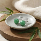 925 Sterling Silver Elegant Green Jadeite Round Bead Earrings with Brilliant Diamond-Accented Triangular Drops
