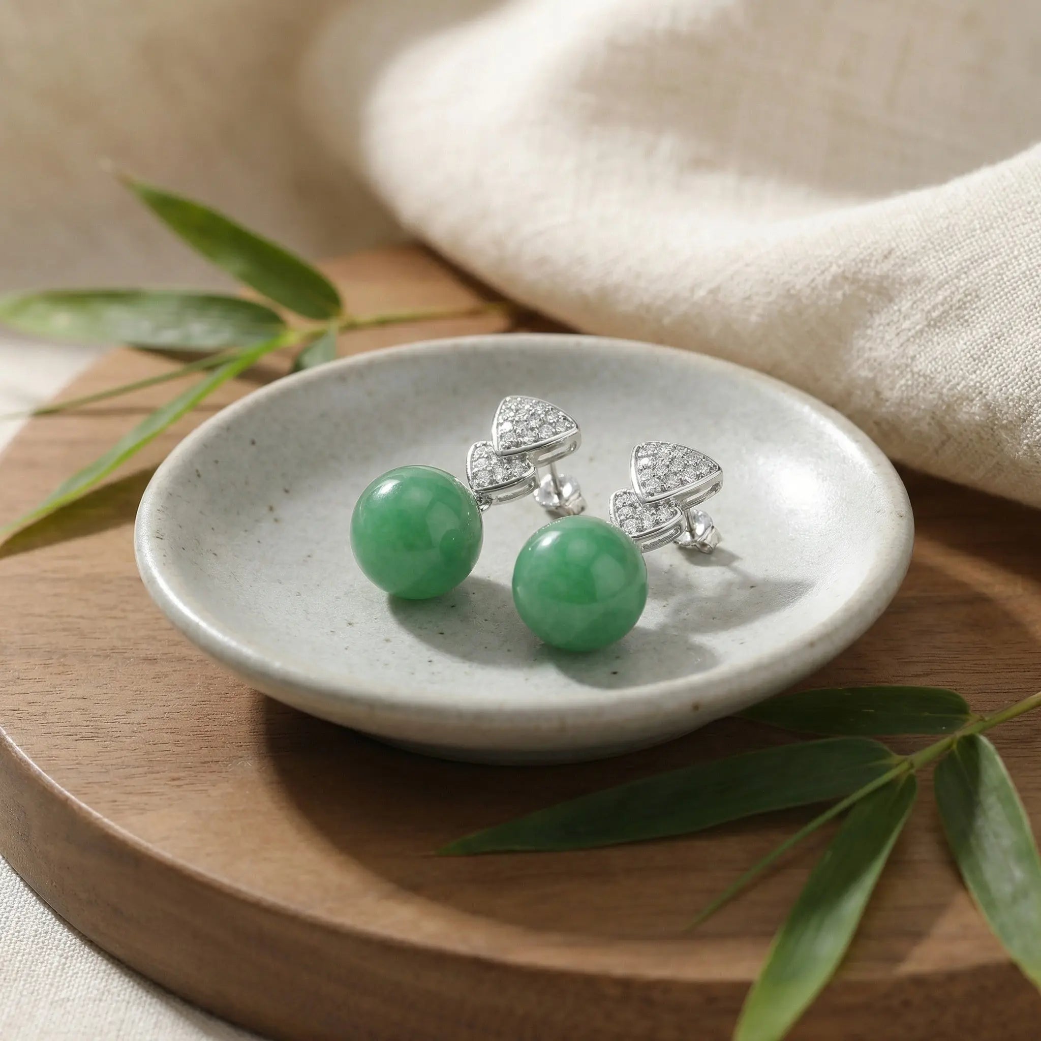 925 Sterling Silver Elegant Green Jadeite Round Bead Earrings with Brilliant Diamond-Accented Triangular Drops