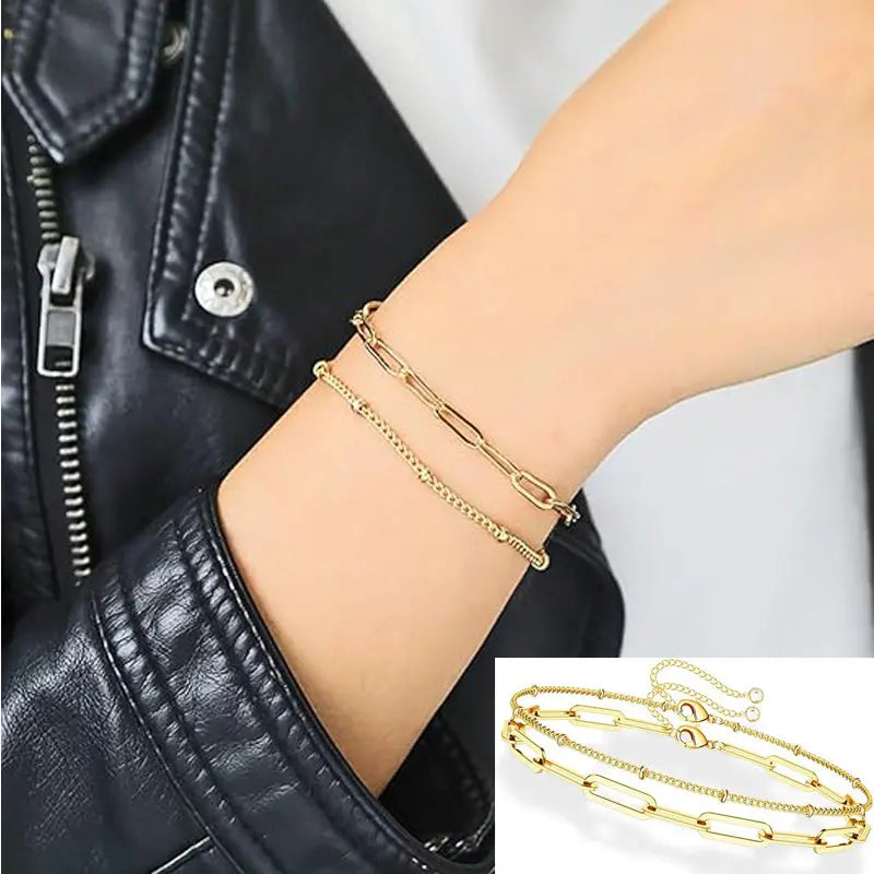 Dainty Gold Bracelets For Women, 14K Gold Filled Adjustable Layered Bracelet Cute Evil Eye Oval Chain Pearl Bar Turtle Gold Bracelet