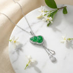 925 Sterling Silver Elegant Green Jadeite Gourd Pendant Necklace with Shimmering Diamond Halo and Charms NP Collection