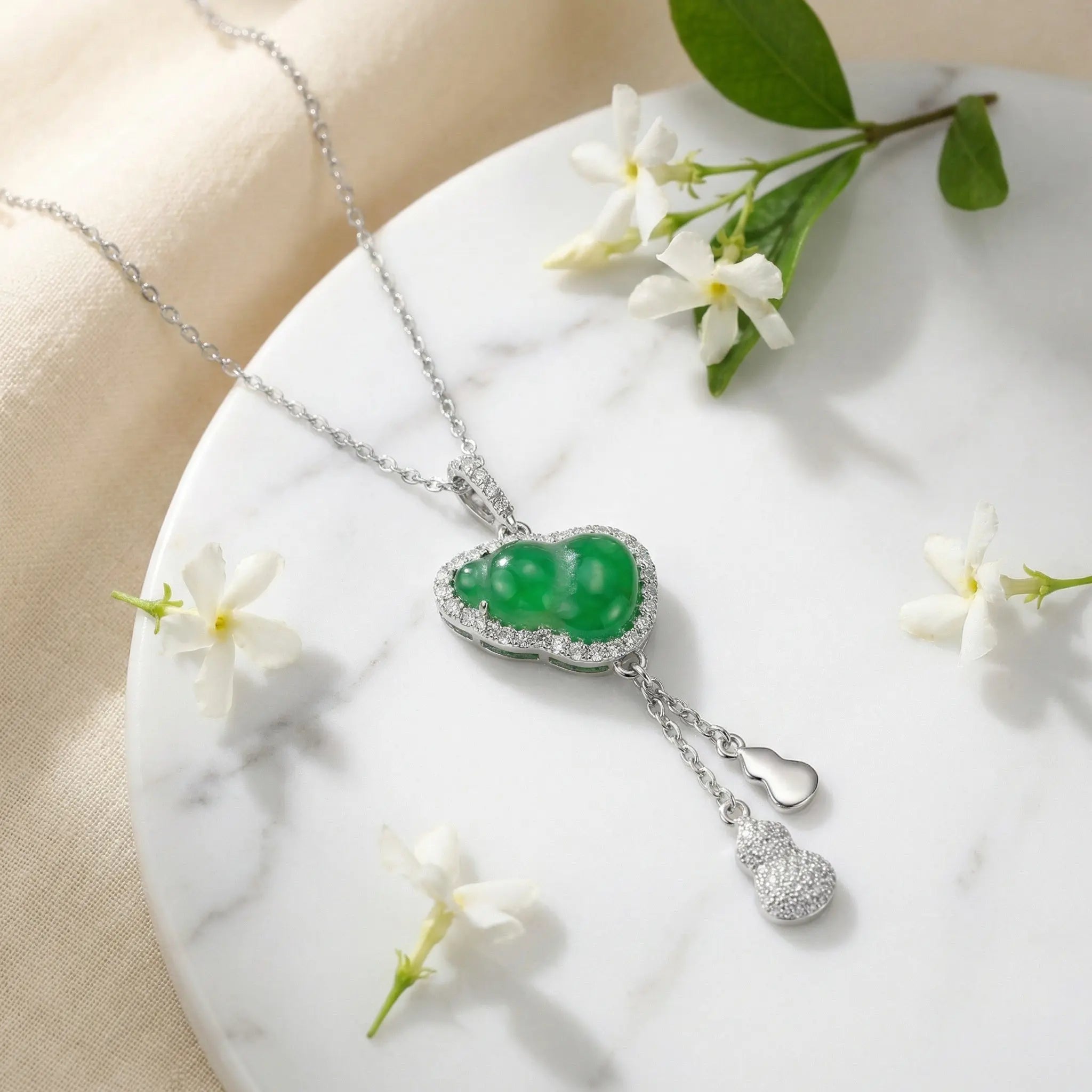 925 Sterling Silver Elegant Green Jadeite Gourd Pendant Necklace with Shimmering Diamond Halo and Charms NP Collection