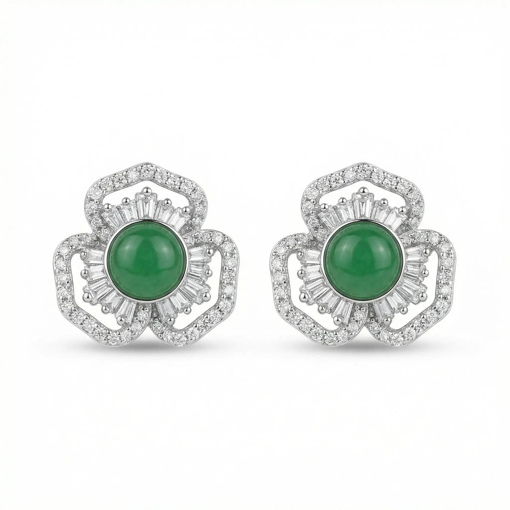 925 Sterling Silver Elegant Green Gemstone Flower Stud Earrings with Shimmering Baguette and Round Accents NP Collection
