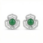925 Sterling Silver Elegant Green Gemstone Flower Stud Earrings with Shimmering Baguette and Round Accents NP Collection