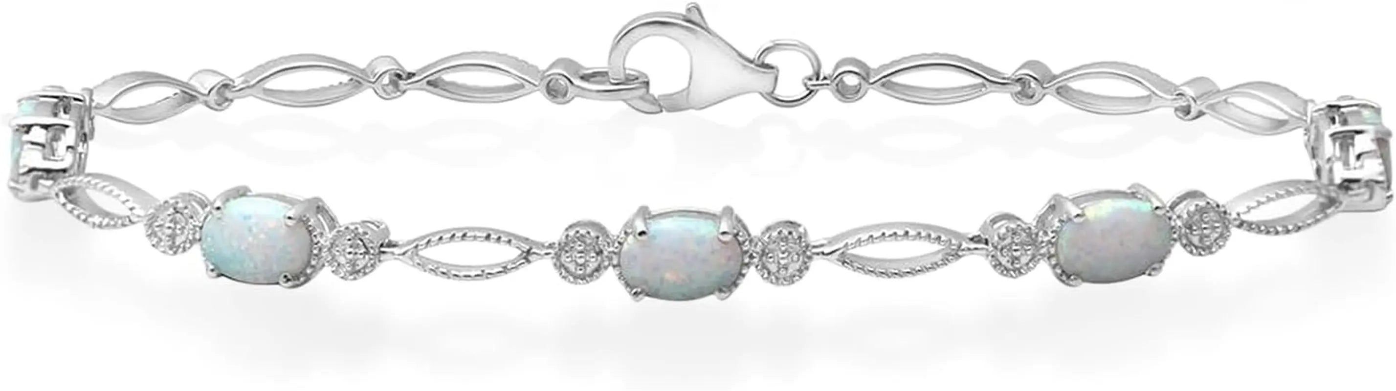 Sterling Silver Tennis Bracelet | Oval Created Opal | 7.50" | Milgrain Setting, Timeless Fashion Jewelry with Gift Box, Lobster Claw Clasp