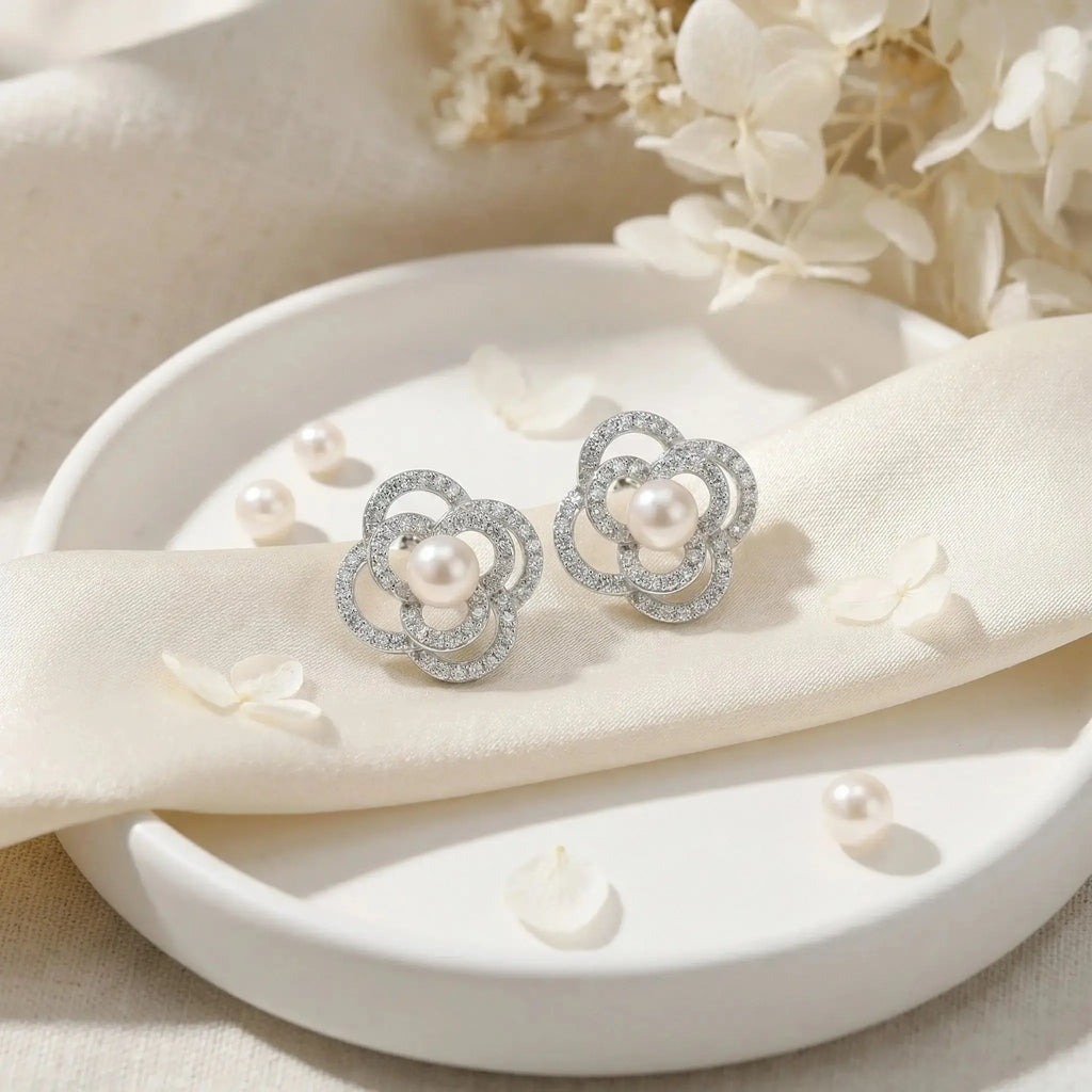 925 Sterling Silver Exquisite Pearl and Pave-Set Crystal Floral Stud Earrings in Silver NP Collection