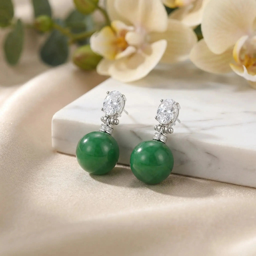 925 Sterling Silver Elegant Green Jade Drop Earrings with Sparkling Oval Gemstone Accents NP Collection