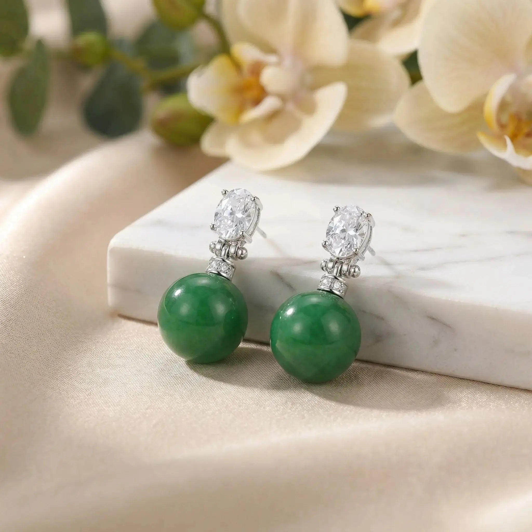 925 Sterling Silver Elegant Green Jade Drop Earrings with Sparkling Oval Gemstone Accents NP Collection
