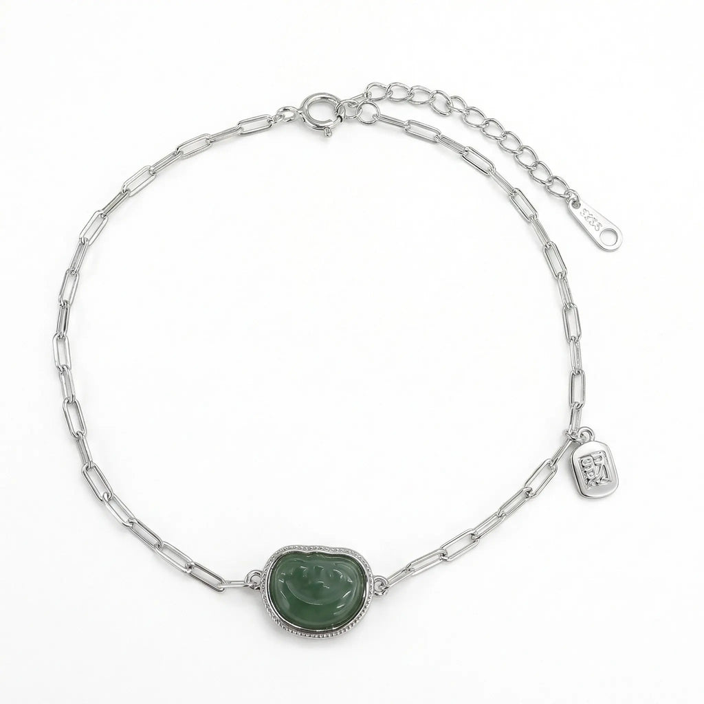 925 Sterling Silver Elegant Silver Green Heart Gemstone Link Bracelet