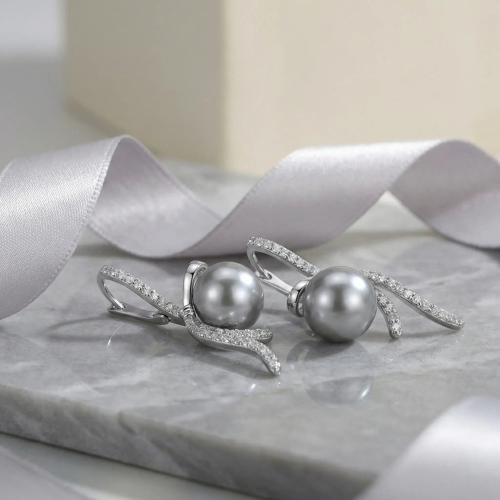 925 Sterling Silver Elegant Silver Ribbon Bow Earrings Featuring Radiant Gray Pearls and Shimmering Accents