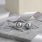 925 Sterling Silver Elegant Silver Ribbon Bow Earrings Featuring Radiant Gray Pearls and Shimmering Accents