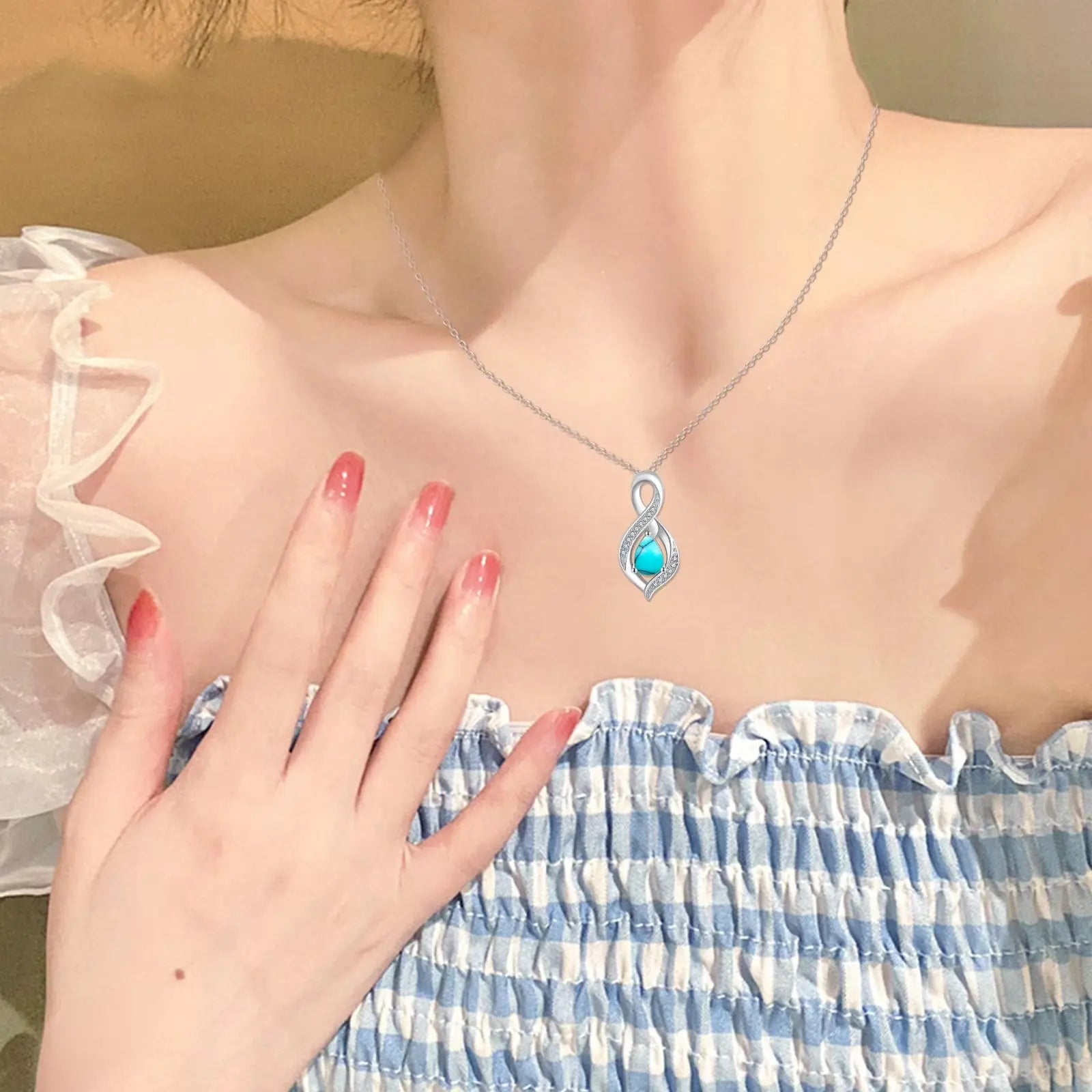 Turquoise Pendant Necklace 925 Sterling Silver 18K White Gold Plated 
