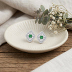 925 Sterling Silver Elegant Emerald and CZ-Encrusted Rose-Toned Quatrefoil Halo Stud Earrings