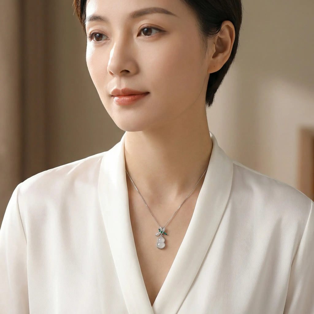 925 Sterling Silver Exquisite White Jade Gourd Pendant Necklace with Enamel Floral Accents and Sparkling Details NP Collection