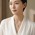 925 Sterling Silver Exquisite White Jade Gourd Pendant Necklace with Enamel Floral Accents and Sparkling Details NP Collection